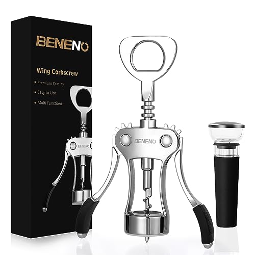 Beneno Wine Opener with Silicone Leak Proof Wine Vacuum Stopper, Zinc Alloy Premium Wing Corkscrew with Multifunctional Bottles Opener, Upgrade