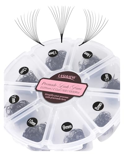 LASHVIEW 1000 Fans 10D Premade Volume Eyelash Extensions Mixed Tray Premade Fans Eyelash Extensions C Curl Premade Lash Fans Pointed Handmade Promade Loose Fans Thin Base (10D-0.07C,8-15mm)