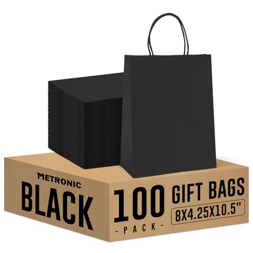 METRONIC 100 Pack 8x4.75x10.5 Inches Paper Gift Bags Black, Medium Kraft Shopping Bag with Handles for Small Business, Boutique, Party Favors, Retail Stores, Gift Wrap, Bulk