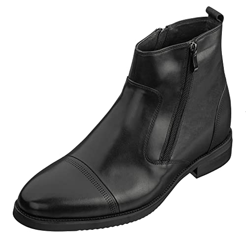 CALTO Men's Invisible Height Increasing Elevator Shoes - Black Premium Leather Lightweight Zipper Boots - 3.2 Inches Taller - S28001 - Size 8 D(M) US