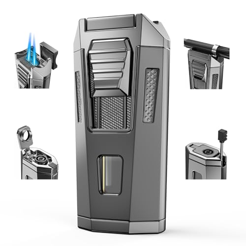 All-in-One Torch Lighter Adjustable Windproof 2 Jet Flame Lighters for Travel with Punch, Holder, and Draw Enhancer Tool, Refillable Butane Design Gas Lighters Gift for Men(Butane not Included)(Black)