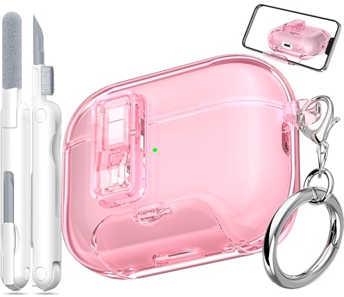 MHYALUDO for AirPods Pro 2nd Generation Case, Military-Grade Shockproof Transparent Anti-Yellowing, Charging Port Dust-Proof & Stand Design with Cleaning Kit for AirPods Pro 2nd Case, Crystal Pink
