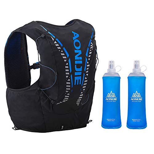 AONIJIE 12L Men Women Running Vest Pack Hydration Backpack Outdoor Sports Bag for Marathon Cycling Hiking (12L# Black&Blue+2 Pcs Soft Flasks (450ml), L/XL(40.16-45.27inch))