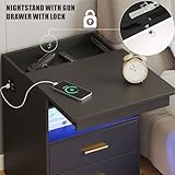 Night Stand with Gun Drawer, Charging Bedside Table with USB & Type-C Port, LED Nightstand with Human Sensor Light, Modern End Table with Drawers for Bedroom Office, Black