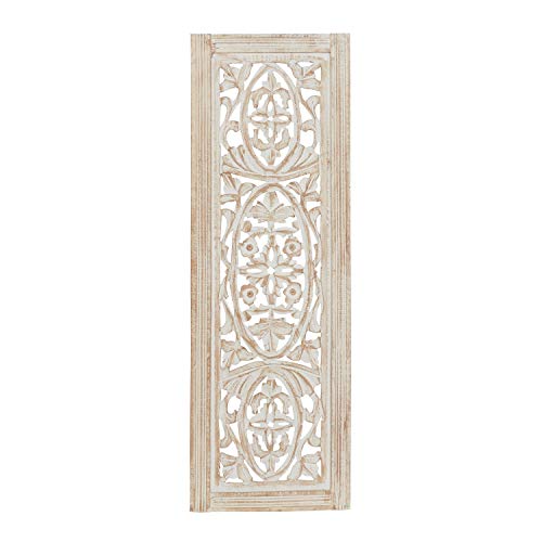 Deco 79 Mango Wood Floral Handmade Home Wall Decor Intricately Carved Arabesque Wall Sculpture, Wall Art 12" x 1" x 36", Cream