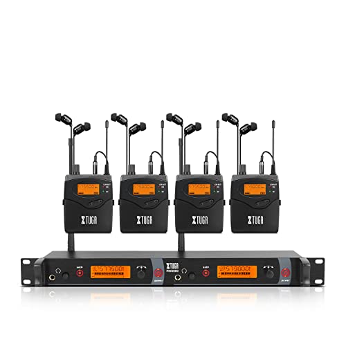 XTUGA RW2080 Wireless in Ear Monitor System 4 Bodypacks UHF IEM System, Dual Channel Mono Design Stage Monitors Earphone with 40 Frequencies, 300Ft for Band, Studio or Musicians, 902-928mhz
