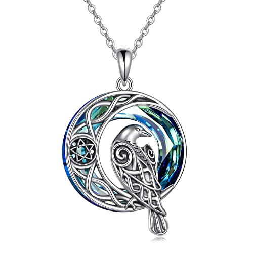 ONEFINITY Raven Necklace Sterling Silver Viking Celtic Crow Raven Crystal Pendant Crescent Moon Pentagram Amulet Wiccan Jewelry Christmas Gifts for Women Men