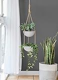 Mkono 9 Inch Ceramic Double Hanging Planter 2 Tier Round Flower Plant Pot Porcelain Hanging Basket with Polyester Rope Hanger for Indoor Outdoor Plants Modern Vertical Plant Garden, White