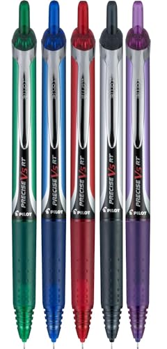 Advantage Gifts Precise V5 RT Retractable Rolling Ball Pens, Extra Fine Point (.5mm), Assorted Colors Black/Blue/Red/Green/Purple Ink, 5-pk; Premium Comfort Grip, Bundle with Plastic Reusable Pouch