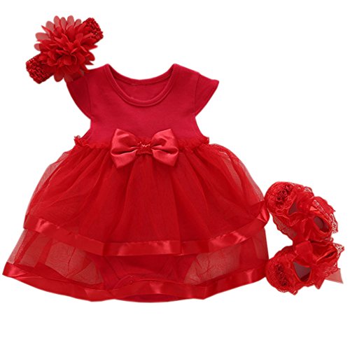 Niyage Baby Girls Clothes Romper Dress Headband Shoes 3 Pcs Set Flowers Party Outfit Red 9-12 Months