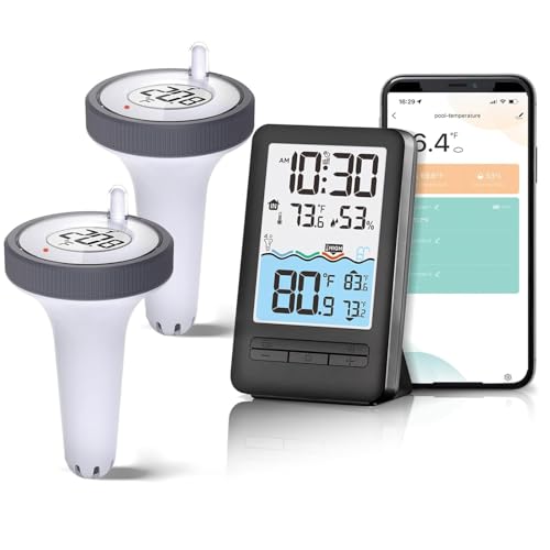 HEYAXA Wireless WiFi Pool Thermometer with Easy-to-Read 4" Digital LCD Display, Perfect Water Thermometer for Indoor & Outdoor Swimming Pool, Hot Tub, Spa, Aquarium, Ponds, and Baths, 2 Sensors