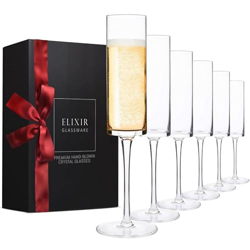 ELIXIR GLASSWARE Champagne Flutes - 6 oz - Set of 6 Edge Champagne Glasses - Modern & Elegant Crystal Wine Glasses Drinking Set - Wedding Champagne Flute Glasses - Prosecco Wine Flute