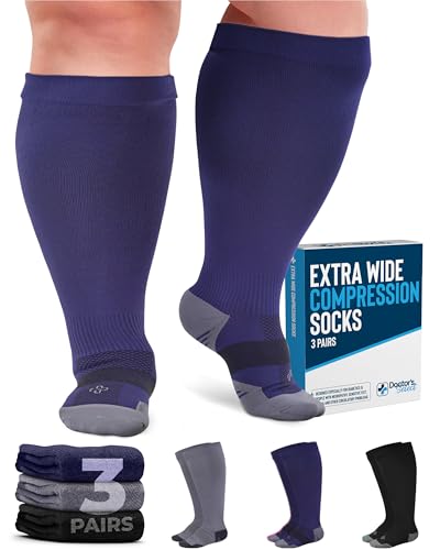 Doctor's Select 3 Pairs Plus Size Compression Socks Wide Calf - Up to 6XL | 20-30 mmHg Compression Socks for Women Wide Calf | Wide Calf Compression Socks Women Plus Size | Soreness Support | Black, Gray, Navy
