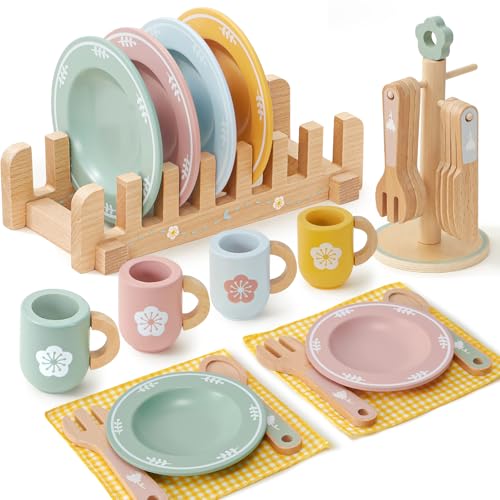 Toyssa Wooden Play Kitchen Accessories Montessori Toys for Toddlers 3-5, Play Dishes for Kids Kitchen with Realistic Dishes & Plates & Tableware, Christmas Birthday Gifts for 3 4 5 6 Years Girls Boys