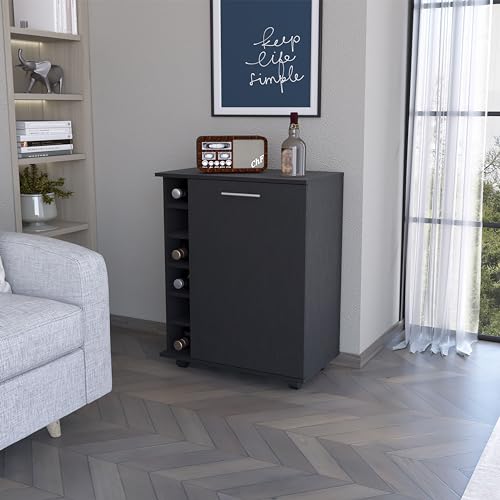 THEMEPT Rawlins Bar Cart with 6-Bottle Rack, Storage Cabinet and Mobile Casters, Durable Wood Finish, Black