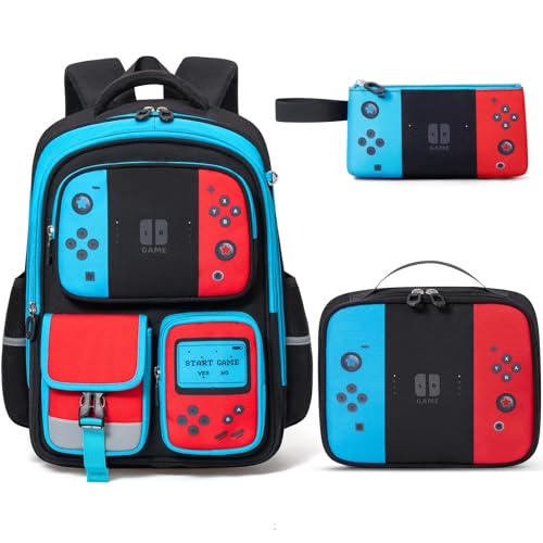 Fimibuke Kids Backpack for School Boys, 3 PCS Gamer Teen Boys Backpack with Lunch Box & Pencil Case, Gaming Bookbag for Kid Children Student Kindergarten Elementary Middle High School Travel Backpacks