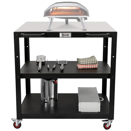 Feasto Large Movable Pizza Oven Table for Outdoor, 36''x 24'' Tabletop Stainless Steel Grill Cart with Wheels, 3-Shelf Outdoor Kitchen Prep Table Pizza Oven Stand on Wheels for Ooni 16, Blackstone