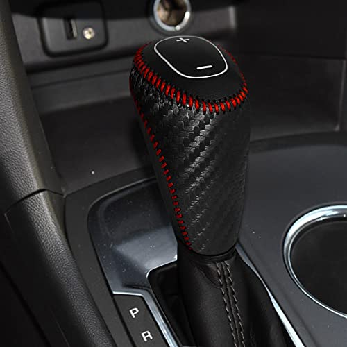 DEYTOP Gear Shift Knob Cover for Chevy Malibu & Equinox 2016-2020/ Cruze 2017-2019 Auto Leather Gear Shifter Knob Protector Trim for Chevy Eqionox 2021 Accessories (Carbon Fiber with Red Stitches)