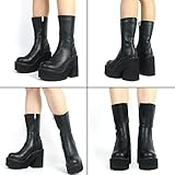 AMINUGAL Womens Wedge Heel Ankle Boots Platform Zipper Punk Motorcycle Booties Chunky Block High Heel Round Toe Fashion Work Combat Boots Mid Calf For Women