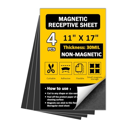 Flexible Steel Vinyl Magnetically-Receptive Sheet,11"x17" 4 Pcs,Magnetically Receptive Sheeting with Adhesive, Flat Rubber Metal Sheets,Flexible Iron Sheets Work with All Magnets