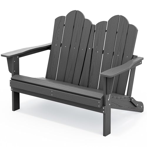 SERWALL 2 Person Adirondack Loveseat, HDPE All-Weather Folding Adirondack Bench Chair, Outdoor Adirondack Chair for 2 with 660LBS Capacity for Backyard Garden Porch, Grey