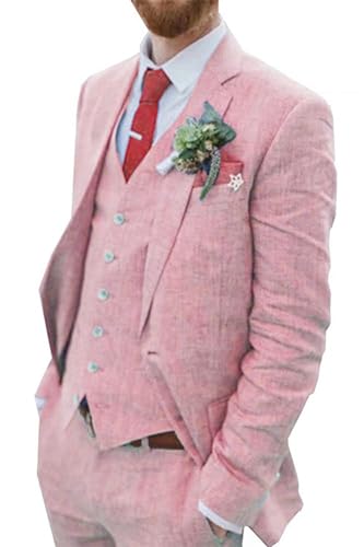 Mens Linen Suits Pink Groomsmen Dress Suits for Men Prom Party Suit for Homecoming Light Weight Blazer Vest Pant Set pk-l
