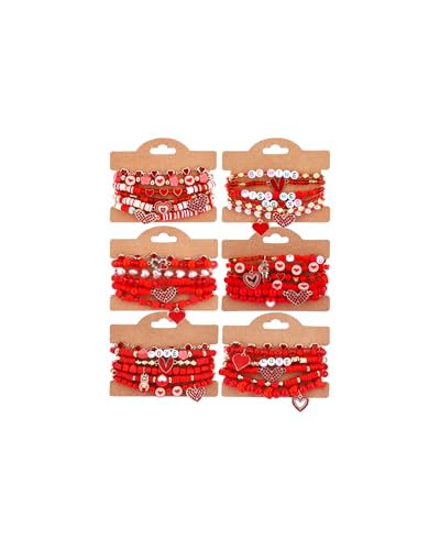 Coolucuday 36 Pcs Valentines Bracelets Red Polymer Clay Beaded Bracelets Bulk Friendship Bracelets I Love You Hugs Kiss Be Mine Galentine Gift for Valentine's Gift Friend Party