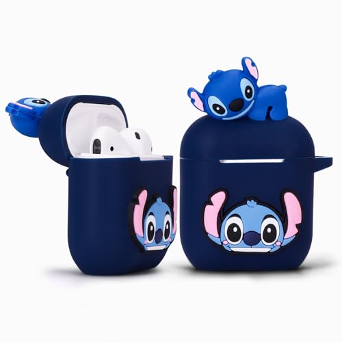 Cute Silicone Cartoon Case for Apple Airpods 1/2, 7 in 1 Accessories Set Protective Cover, Silicone Case/Keychain/Carabiner/Metal dust Sticker/Cleaning Brush/Anti-Lost Rope,The Best Gift