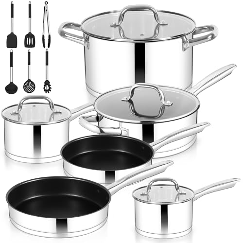 TeamFar 10-Piece Stainless Steel Cookware, Kitchen Cooking Pots and Pans Set w/Stock Pot Saucepan Sauté Pan Frying Pans 6PCS Silicone Cooking Utensils, Induction, Oven, Dishwasher Safe