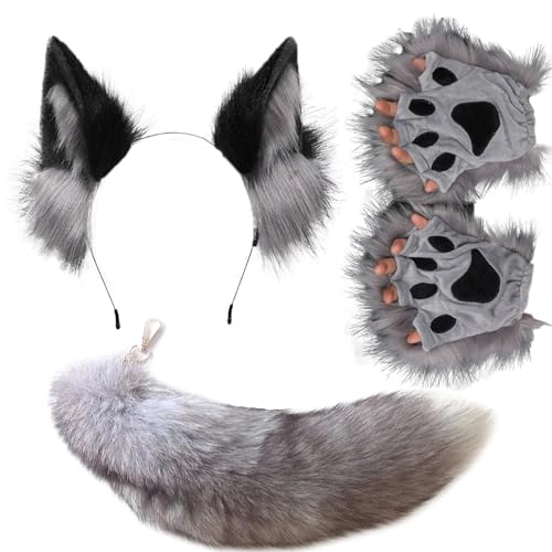 Valpeak Wolf Fox Ears and Tail Set with Therian Paws Fox Costume Furry Paws(Wolf Gray Set)