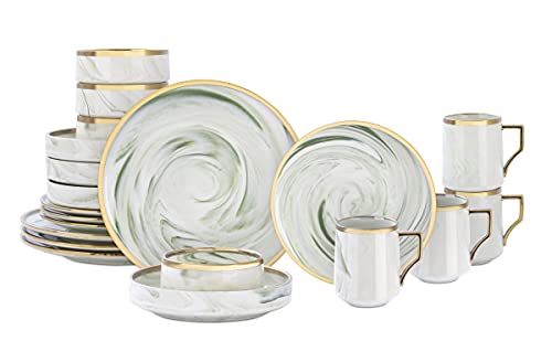 HomeVss, Fine China Artisan Marbled 20pc Dinner Set, Green with Gold