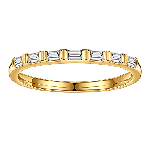 SMILEST Baguette Moissanite Eternity Ring for Women, 2MM D Color VVS1 Clarity Lab Created Wedding Rings 18K Yellow Gold Plated 925 Sterling Silver Moissanite Stackable Rings for Women Wife