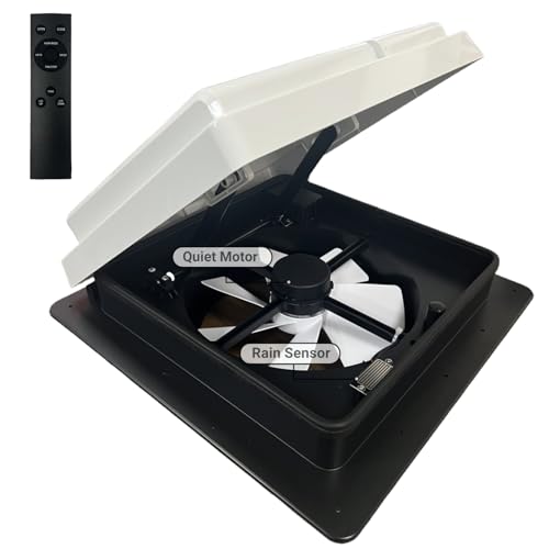 RV Roof Vent Fan Quiet 4 Speed-Reversible Air Max Ventilation Bathroom Fan, RV Exhaust Fan, Built-in Rain Sensor, Timer, 12V 14'', for RV Roof Vent/Camper/Caravan/Trailer(Black)