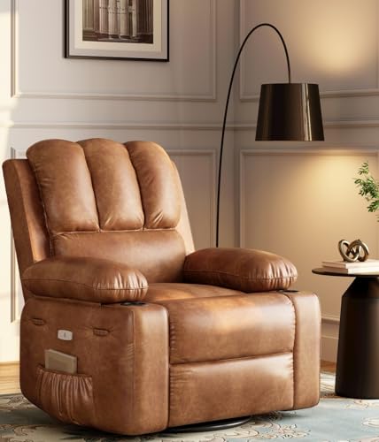 GarveeHome Oversized Electric Recliner Chair - 360° Rocker Swivel Recliner with Heat and Massage, PU Leather Large Recliner for Adults, Comfortable Lazy with 1.5X Sponge Filling for Living Room