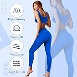 Floraltop 4 Pcs Women's Workout Sets Pilates Exercise Outfit Ribbed Scoop Neck Sports Bra Shorts Leggings Gym Clothes Set (Blue,Medium)