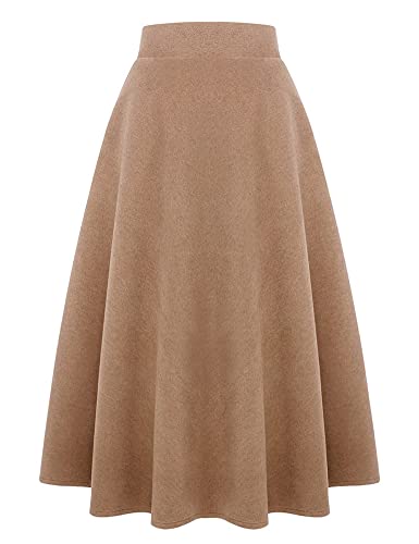 Ylingjun Long Plaid Wool Skirt for Womens Winter Fall Warm High Elastic Waist A line Flared Pleated Wool Tartan Skirts (Pure Camel, S)