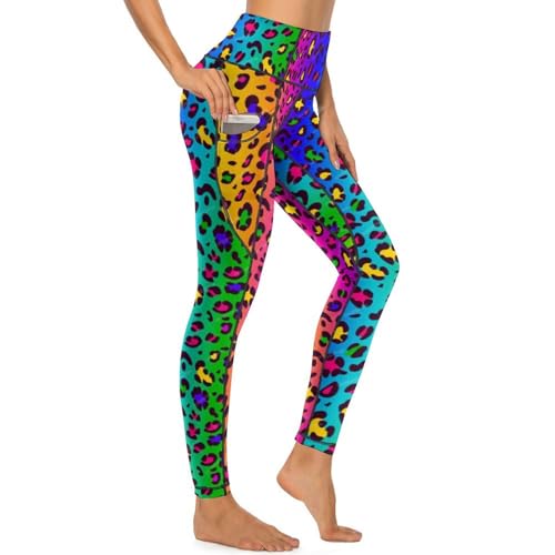 MSOKAZZLES Rainbow Leopard High Waisted Exercise Yoga Pants for Women Running Sports Workout Yoga Leggings with Pockets M