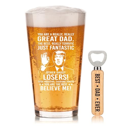 Father's Day Gifts For Dad: Funny Father's Day Beer Glass Gift Set With Wooden Bottle Opener & Greeting Card - Cool Unique Birthday Gift Idea Gifts For Dad
