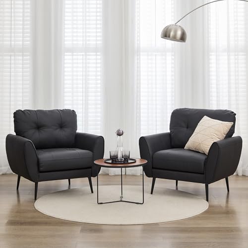 TYBOATLE Accent Chairs Set of 2, Comfy Modern Living Room Chair Black Leather Reading Accent Chairs Tufted Mid Century Arm Chair Small Salon Chair for Office Bedroom (2, Black)