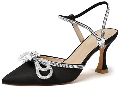 Susanny Black Rhinestone Heels for Women Closed Toe Sparkly Pearl Glitter Bow Heels Evening Party Ankle Strap Pointed Toe Pumps Dress Kitten Heels Comfortable Dressy Prom Shoes 7.5