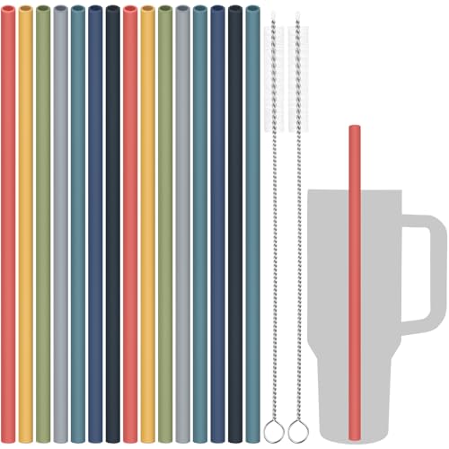 Tomorotec 12" Reusable Silicone Drinking Straws 15PCS & Cleaning Brushes for Stanley Tumblers 40oz 30oz 20oz, Noise-Free BPA-Free Food Grade Silicone Adjustable for Various Cups (Dark Morandi Colors)