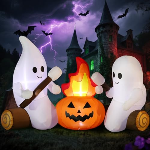 6FT Halloween Inflatable Blow Up Decorations, Cute Ghosts Roasting Marshmallows Over Campfire, Built-in LEDs for Holiday Party, Garden, Lawn, Yard, Patio Décor