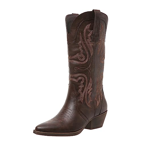 Cowboy Boots for Women Cowgirl Mid Calf Western Boots Embroidered Stitched Pointed Toe Chunky Block Heel Brown Red Black US5-11, dark brown, 9