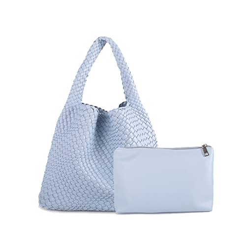 LMKIDS Women Vegan Leather Hand-Woven Tote Handbag Fashion Shoulder Top-handle Bag All-Match Underarm Bag with Purse (L-Blue)