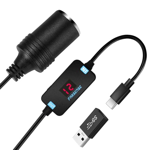 FARSENSE USB A to 12V Cigarette Lighter Adapter(36W)-USB C Male to Cigarette Lighter Female Socket PD Trigger Cable(2FT) with Switching Voltage and Display Voltage,for Dash Cam,GPS,Etc