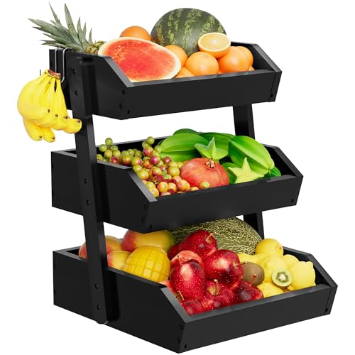 Bamboo 3 Tier Fruit Basket With 2 Banana Hangers, Vegetables Fruit Basket For Kitchen Counter, Large Capacity Fruit Bowl, Fruit Organizer For Kitchen Counter, Fruit Stand For Bread and Snacks (Black)