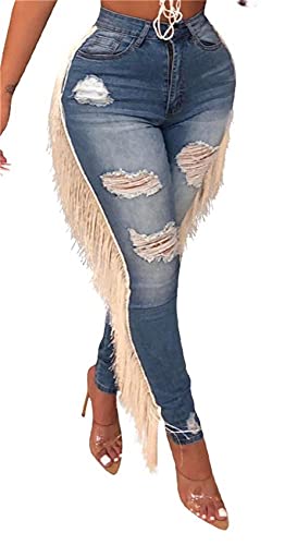 Lucuna Women's Stretchy Jeans Side Tassel Denim Pencil Pants Destroyed Ripped Distressed Plus Size Jeans