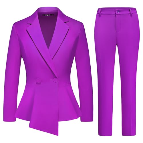 Lamgool Women's Suit Outfits Set 2 Piece Ruffle Blazer with Pants Suit Set Long Sleeve Business Casual (Purple, Large)