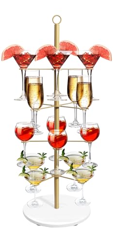 Gohapnis champagne tower,4 Tier-16 Holders Metal Cocktail Tree Stand for Parties,Gold Wine Glass Stand for Drinks,Cocktails, Martini, Margarita Cups at Weddings,Bridal Parties & Events