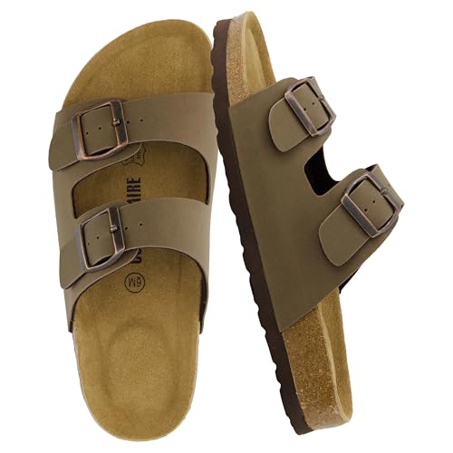 CUSHIONAIRE Lane Cork Footbed Sandals for Women – Comfortable Double Buckle Slip-On with Genuine Suede Footbed & Arch Support Slides for Women Footwear, BROWN 9